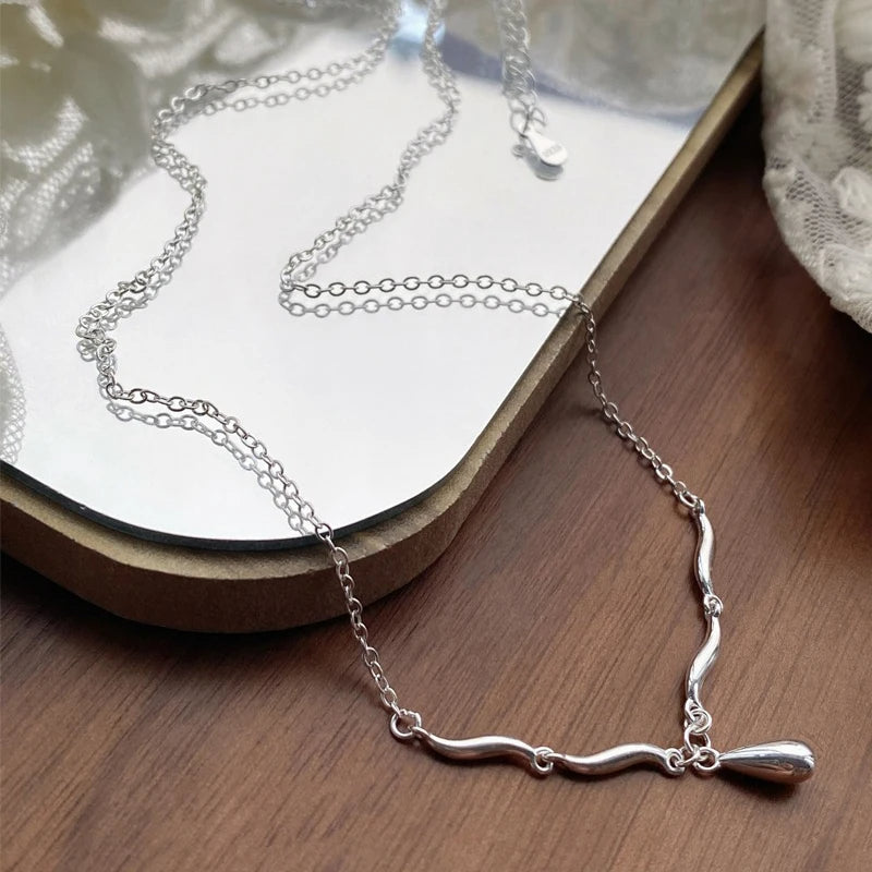 Celeste | Wavy Drop Pendant Necklace | Minimalist Elegance | Sterling Silver