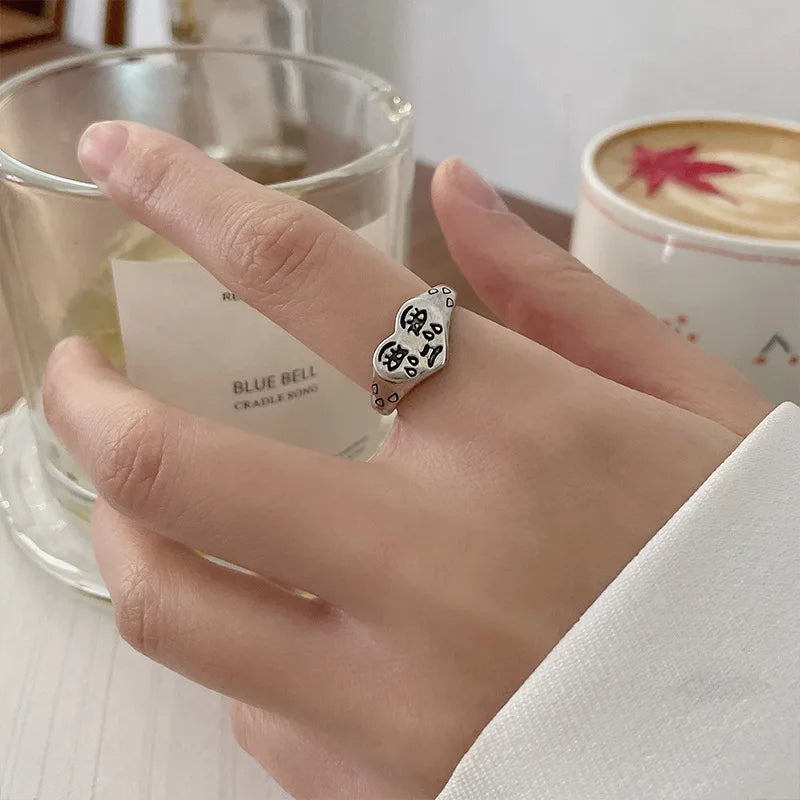 Nova | Adjustable Heart Face Ring | Edgy Statement | Stainless Steel